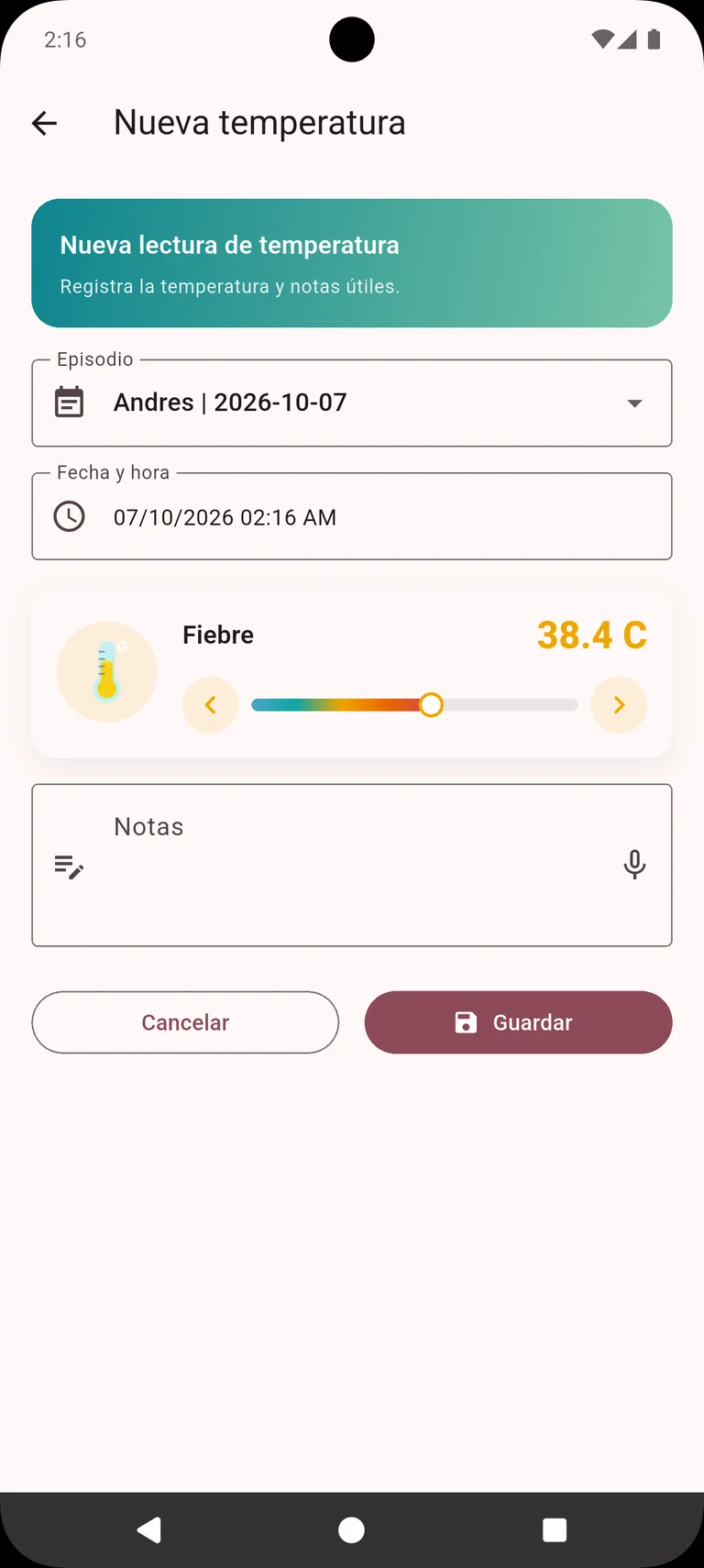 Pantalla para añadir una lectura de temperatura con fecha, hora y notas.
