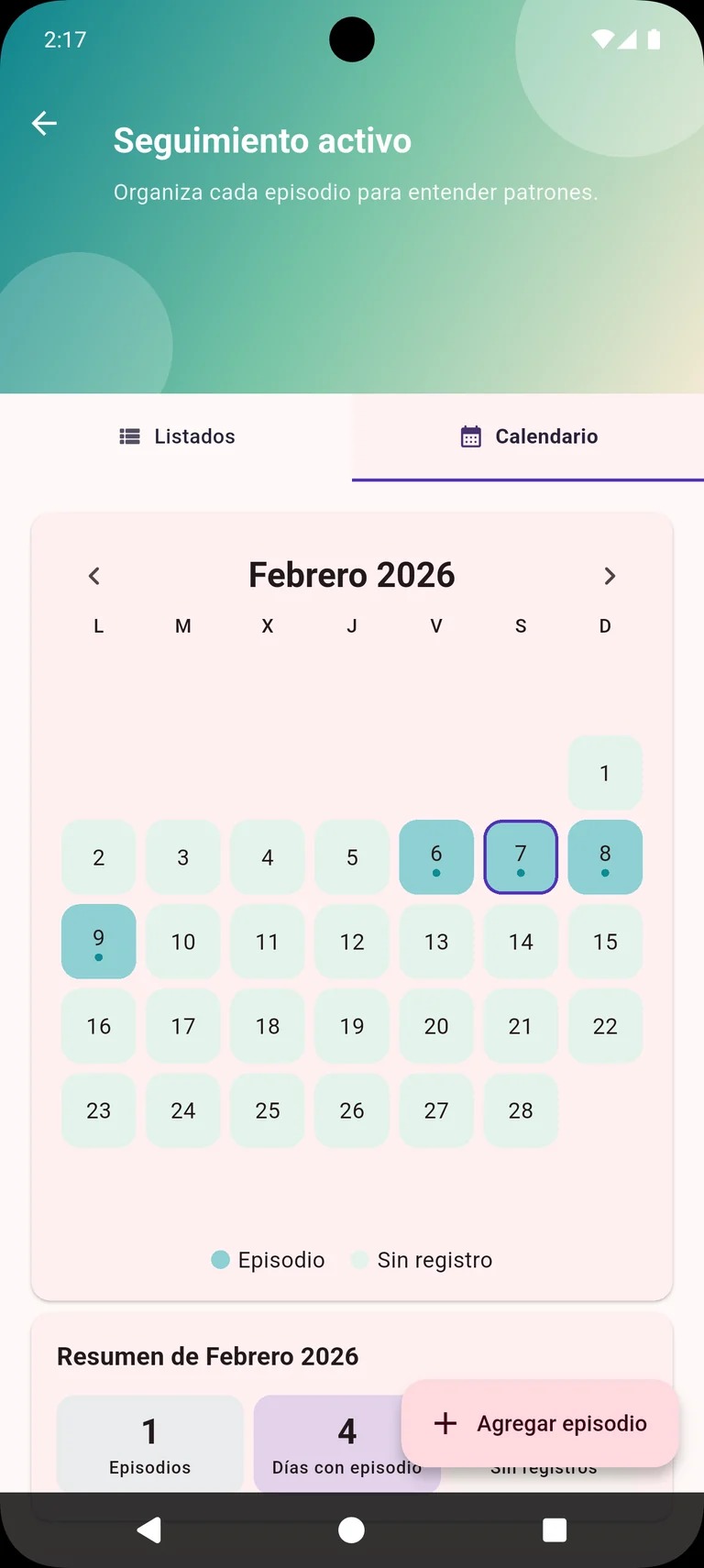 Vista de episodios registrados en el listado o calendario de la app.